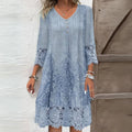 Front view of Light Blue Bohemian Dress with Floral Embroidery and Delicate Lace Trim by BELLA HUDSON