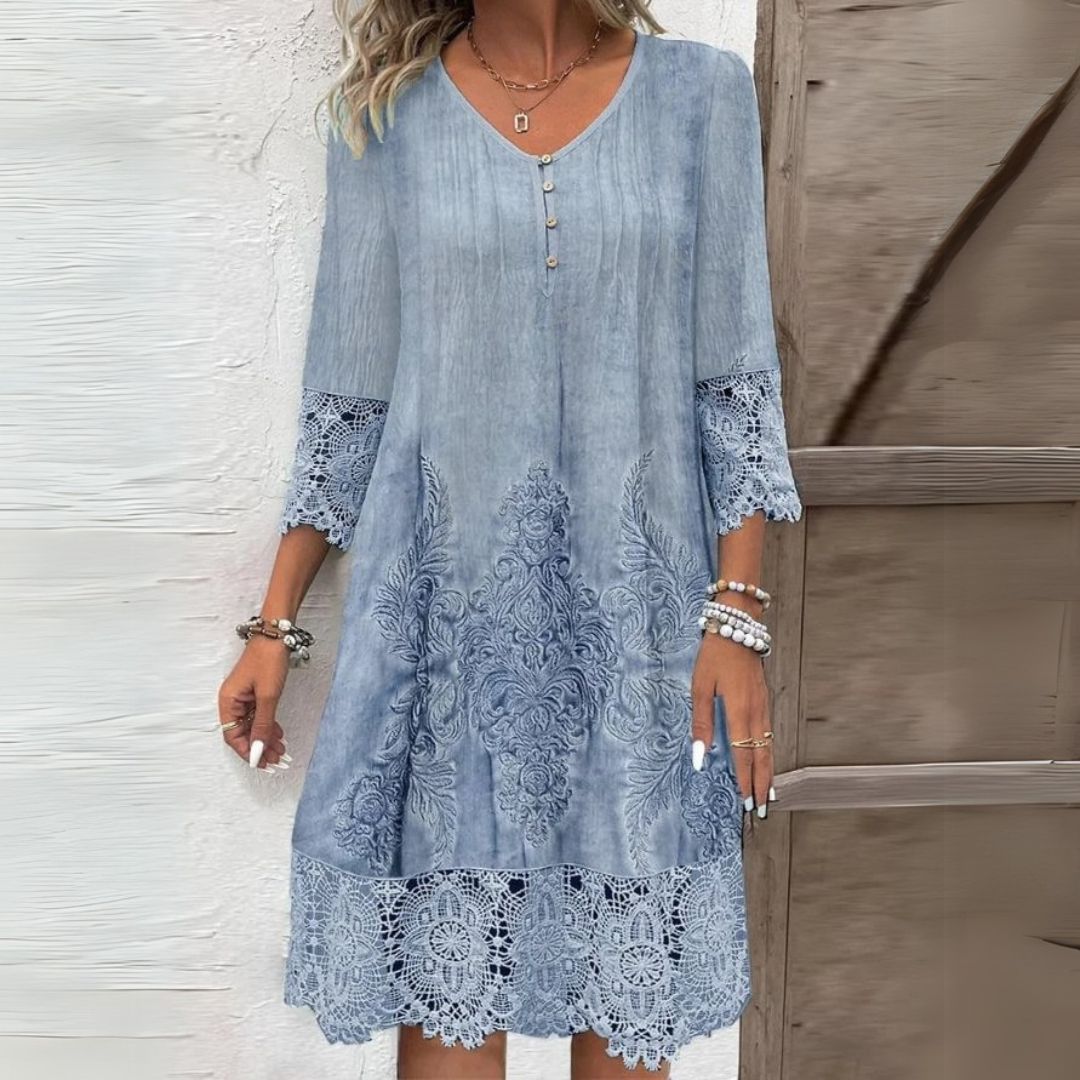 Front view of Light Blue Bohemian Dress with Floral Embroidery and Delicate Lace Trim by BELLA HUDSON