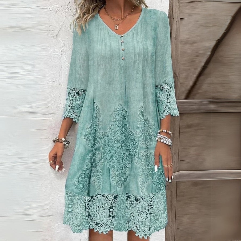Front view of Light Green Bohemian Dress with Floral Embroidery and Delicate Lace Trim by BELLA HUDSON
