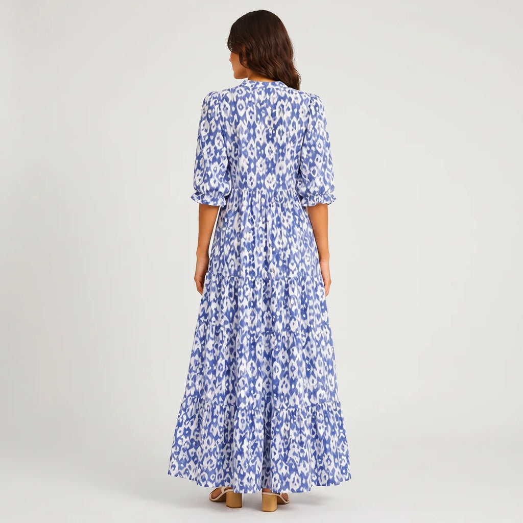 Blue boho lightweight maxi dress back view with tiered flowing silhouette BELLA HUDSON