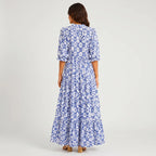 Blue boho lightweight maxi dress back view with tiered flowing silhouette BELLA HUDSON