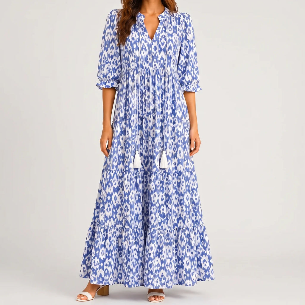 Blue boho lightweight maxi dress front view with tiered skirt and tassel tie detail BELLA HUDSON