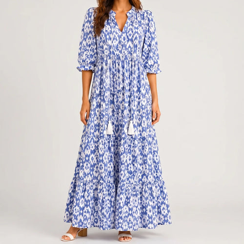 Blue boho lightweight maxi dress front view with tiered skirt and tassel tie detail BELLA HUDSON