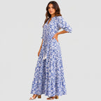 Blue boho lightweight maxi dress side view with tiered silhouette and tassel tie detail BELLA HUDSON