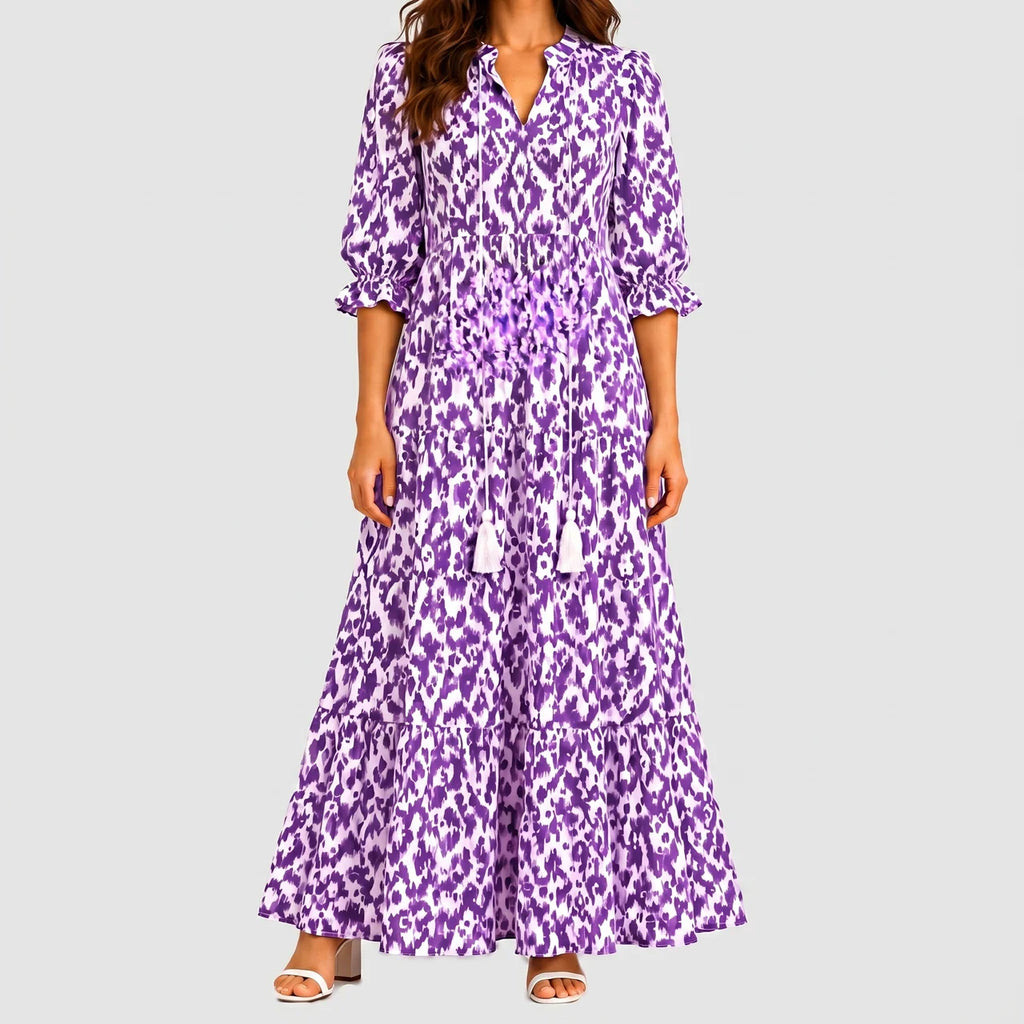 Purple boho lightweight maxi dress front view with tiered flowing silhouette and tassel tie detail BELLA HUDSON