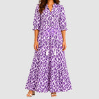 Purple boho lightweight maxi dress front view with tiered flowing silhouette and tassel tie detail BELLA HUDSON