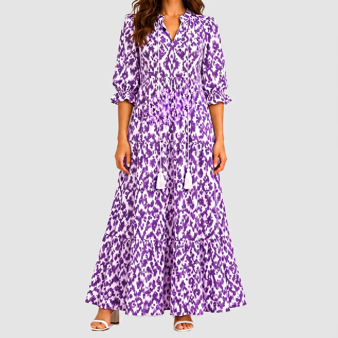 Purple boho lightweight maxi dress front view with tiered flowing silhouette and tassel tie detail BELLA HUDSON