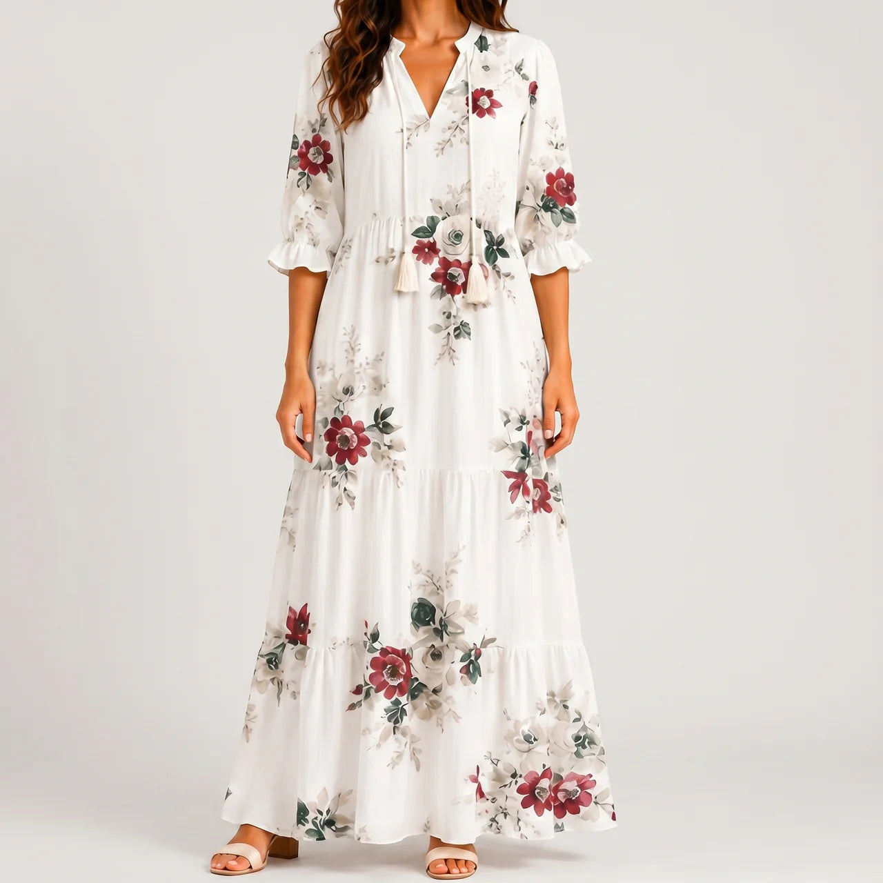 White boho lightweight maxi dress front view with red floral print and tassel tie detail BELLA HUDSON