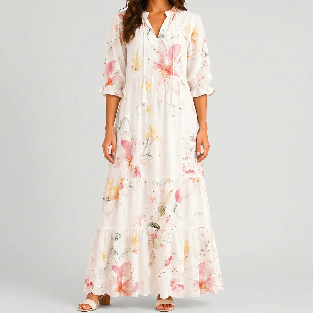 White boho lightweight maxi dress front view with soft floral print and flowing tiered silhouette BELLA HUDSON