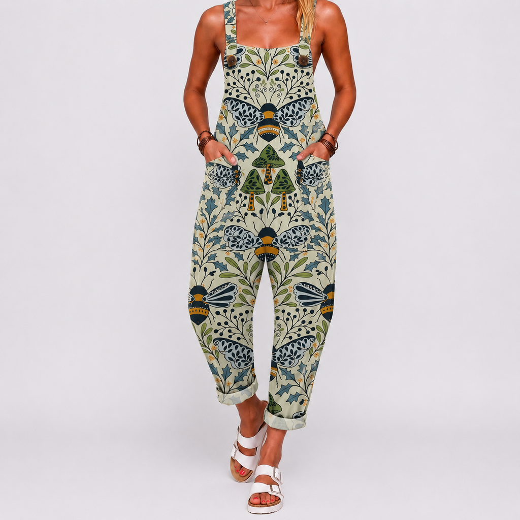 Botanical bee print jumpsuit full front view BELLA HUDSON