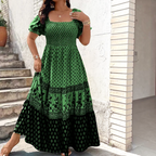 Front view of the Briar Smocked Dress Bohemian Puff-Sleeve Tiered in green, featuring a smocked bodice, puff sleeves, square neckline, and a bohemian-inspired tiered skirt. Designed by Bella Hudson.