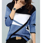 Brielle Blue geometric colorblock top with crew neckline, diagonal panels, and long sleeves