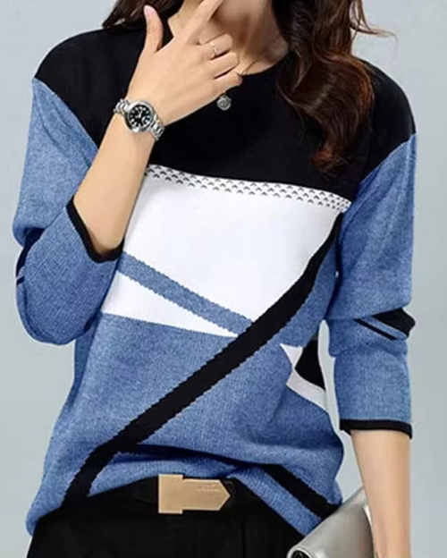 Brielle Blue geometric colorblock top with crew neckline, diagonal panels, and long sleeves