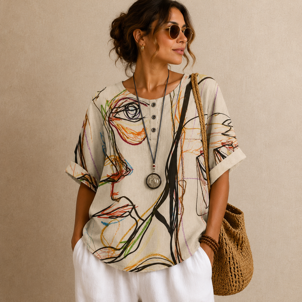 Brielle Floral Print Ruffle Blouse - Beige Front View - Designed by Bella Hudson
