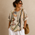 Brielle Floral Print Ruffle Blouse - Beige Front View - Designed by Bella Hudson