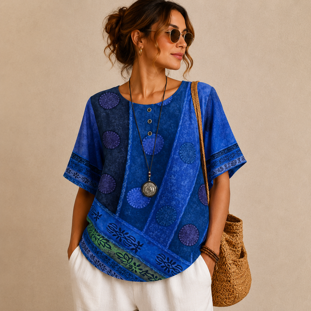 Brielle Floral Print Ruffle Blouse - Blue Front View - Designed by Bella Hudson
