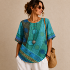 Brielle Floral Print Ruffle Blouse - Blue Green Front View - Designed by Bella Hudson
