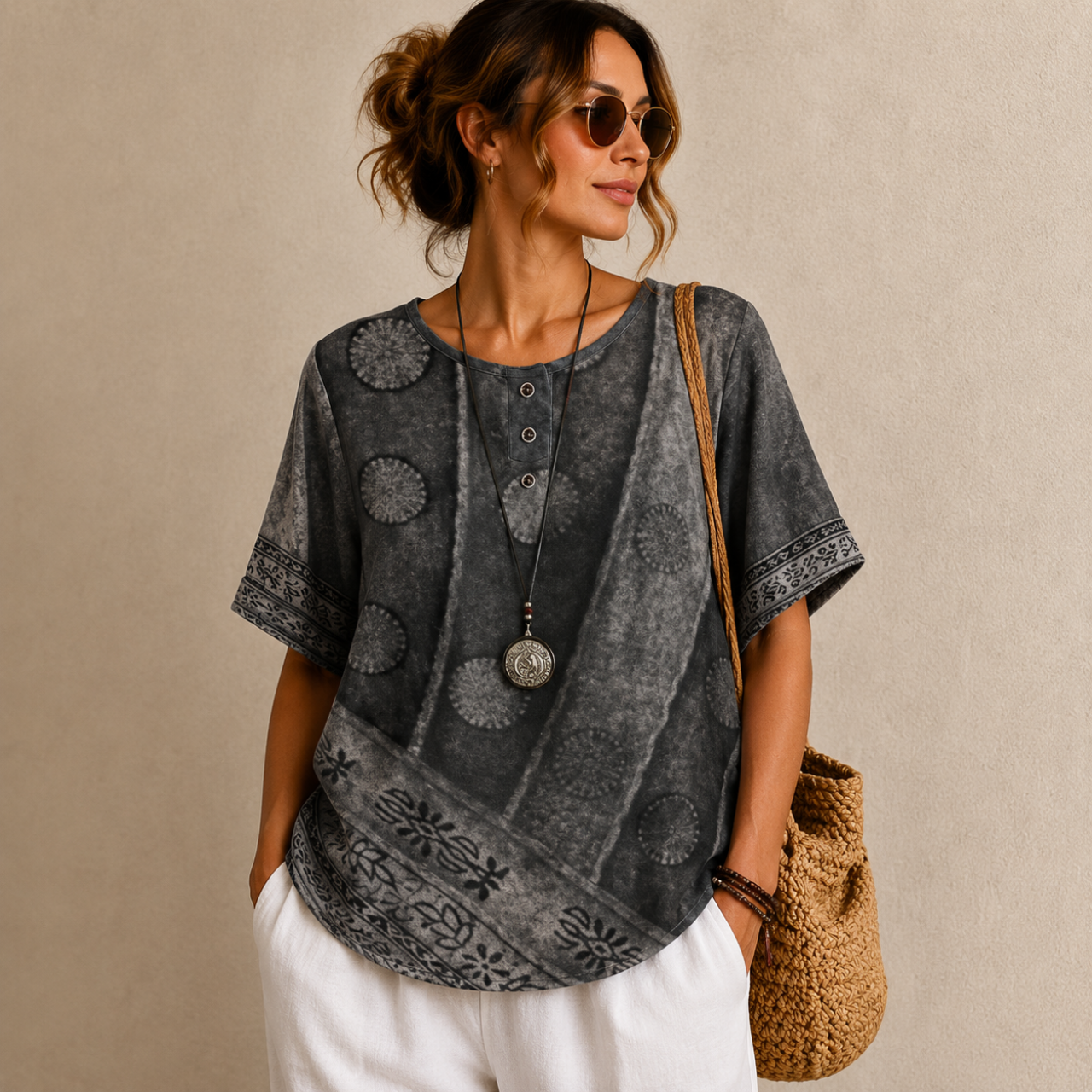 Brielle Floral Print Ruffle Blouse - Dark Gray Front View - Designed by Bella Hudson

