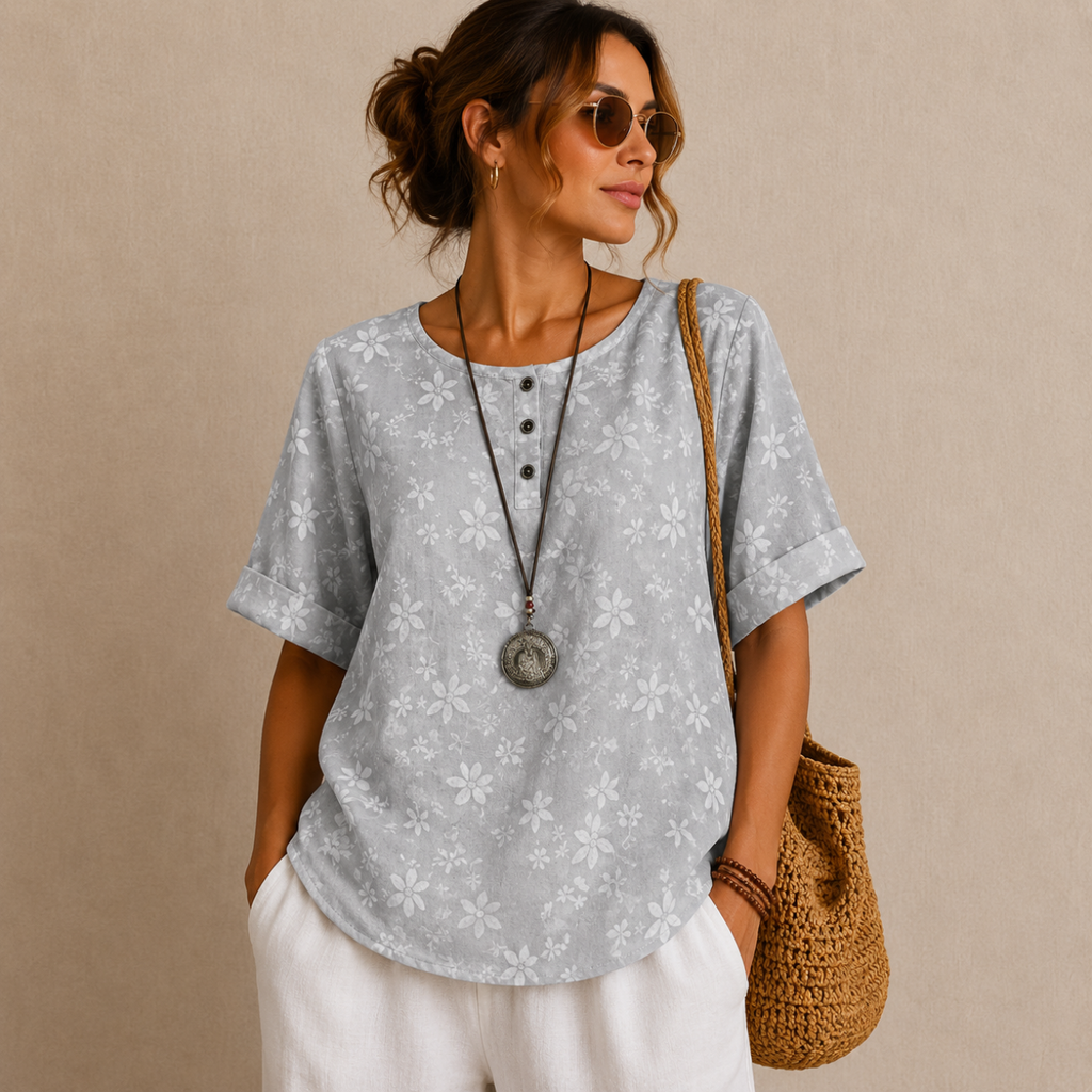 Brielle Floral Print Ruffle Blouse - Gray Front View - Designed by Bella Hudson
