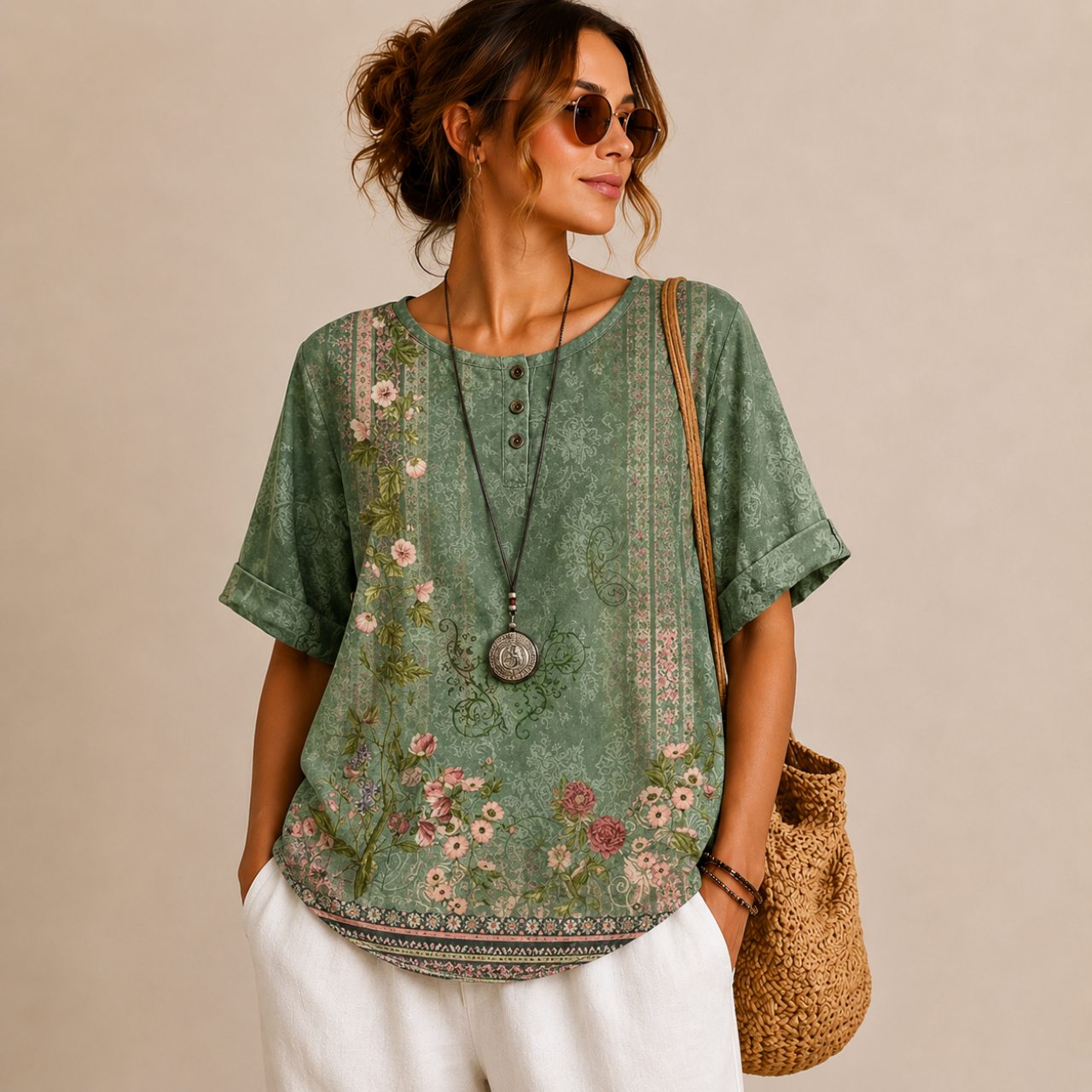 Brielle Floral Print Ruffle Blouse - Green Front View - Designed by Bella Hudson
