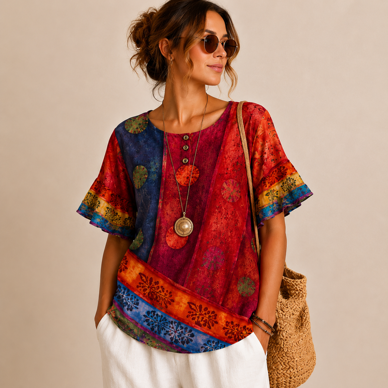 Brielle Floral Print Ruffle Blouse - Red Front View - Designed by Bella Hudson
