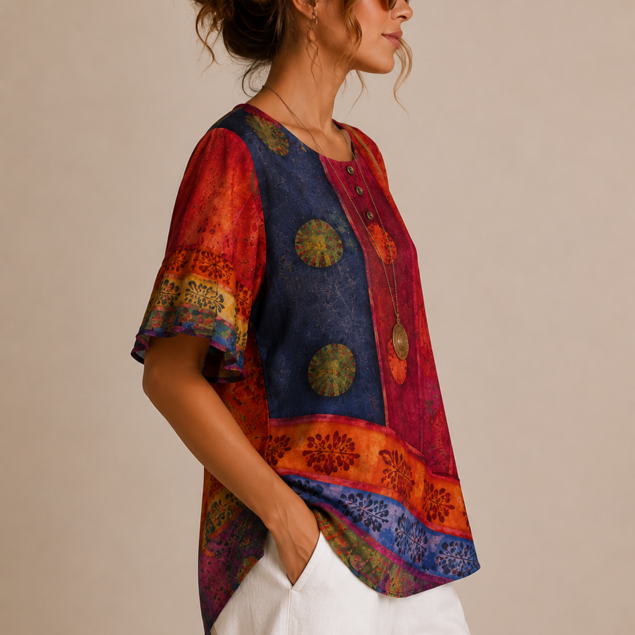 Brielle Floral Print Ruffle Blouse - Red Side View - Designed by Bella Hudson
