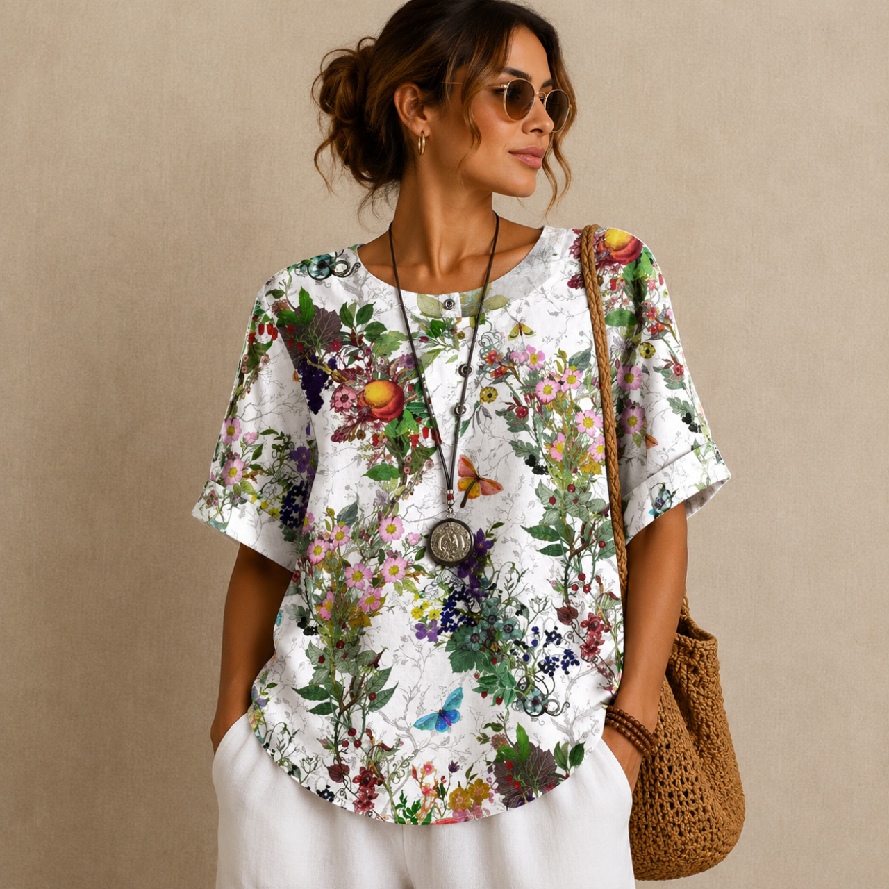 Brielle Floral Print Ruffle Blouse - White B Front View - Designed by Bella Hudson
