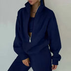 Brielle Navy Blue tracksuit set with stand collar, half-zip pullover, long sleeves, and matching relaxed pants