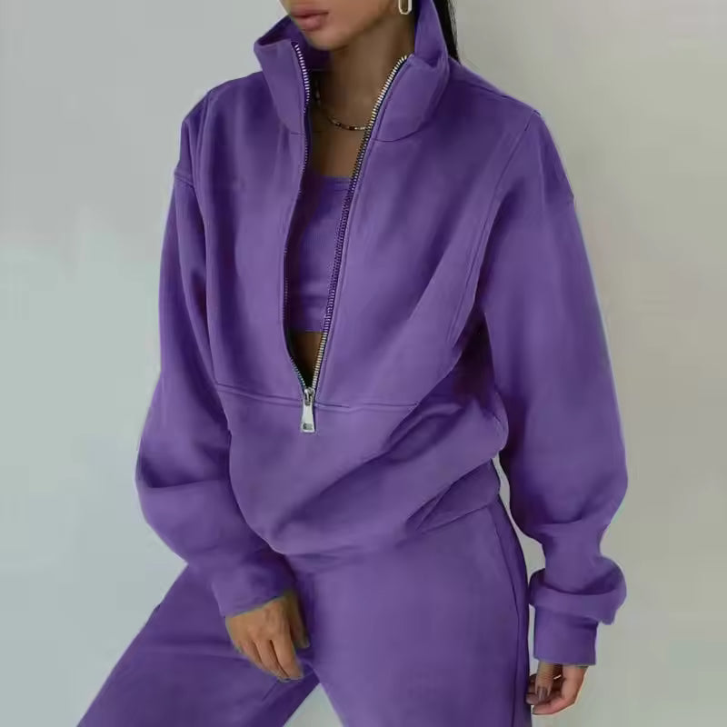Brielle Purple matching tracksuit with half-zip pullover, overlapping front detail, and relaxed-fit pants