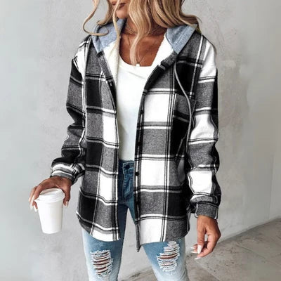 Brietta Checked Hooded Button-Front Pullover, Black