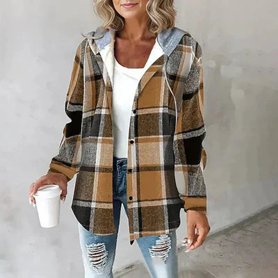 Brietta Checked Hooded Button-Front Pullover, Brown
