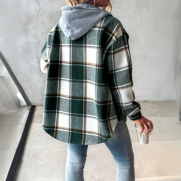 Brietta Checked Hooded Button-Front Pullover, detail view