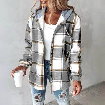 Brietta Checked Hooded Button-Front Pullover, Gray