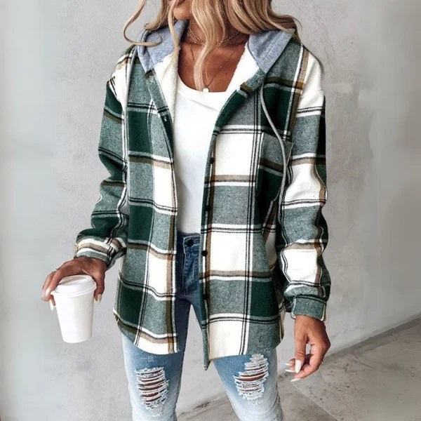 Brietta Checked Hooded Button-Front Pullover, Green