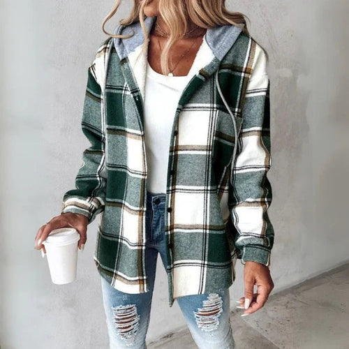 Brietta Checked Hooded Button-Front Pullover, Green