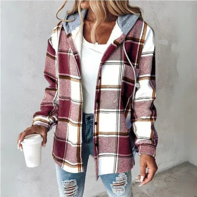 Brietta Checked Hooded Button-Front Pullover, Red