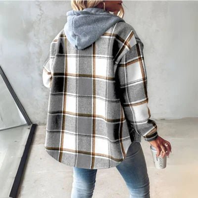 Brietta Checked Hooded Button-Front Pullover, styled view