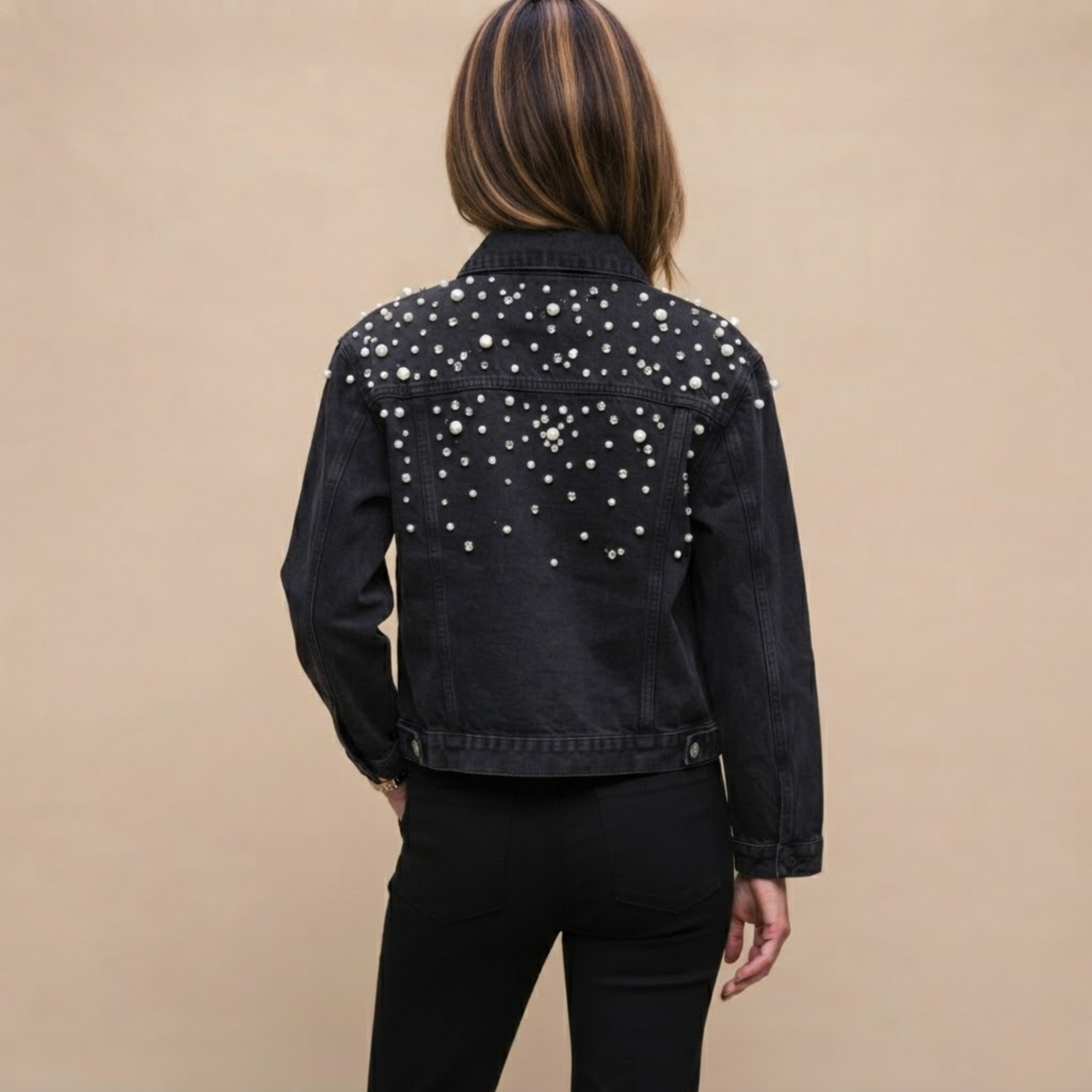 Back view of the Brigitta Jacket Denim Studded Button-Front in Black, highlighting the classic denim silhouette and studded details. Designed by Bella Hudson.