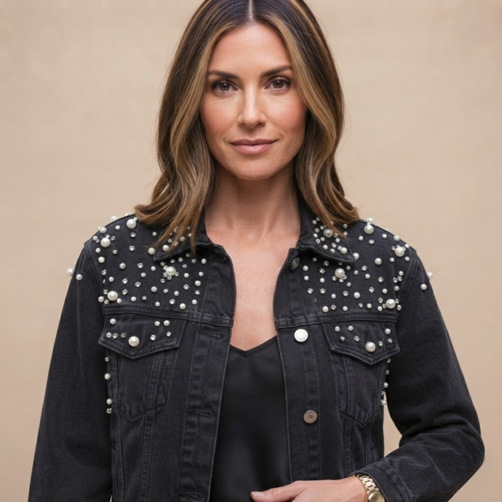 Close-up front view of the Brigitta Jacket Denim Studded Button-Front in Black, showcasing the studded details and button-front design. Designed by Bella Hudson.