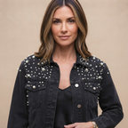 Close-up front view of the Brigitta Jacket Denim Studded Button-Front in Black, showcasing the studded details and button-front design. Designed by Bella Hudson.