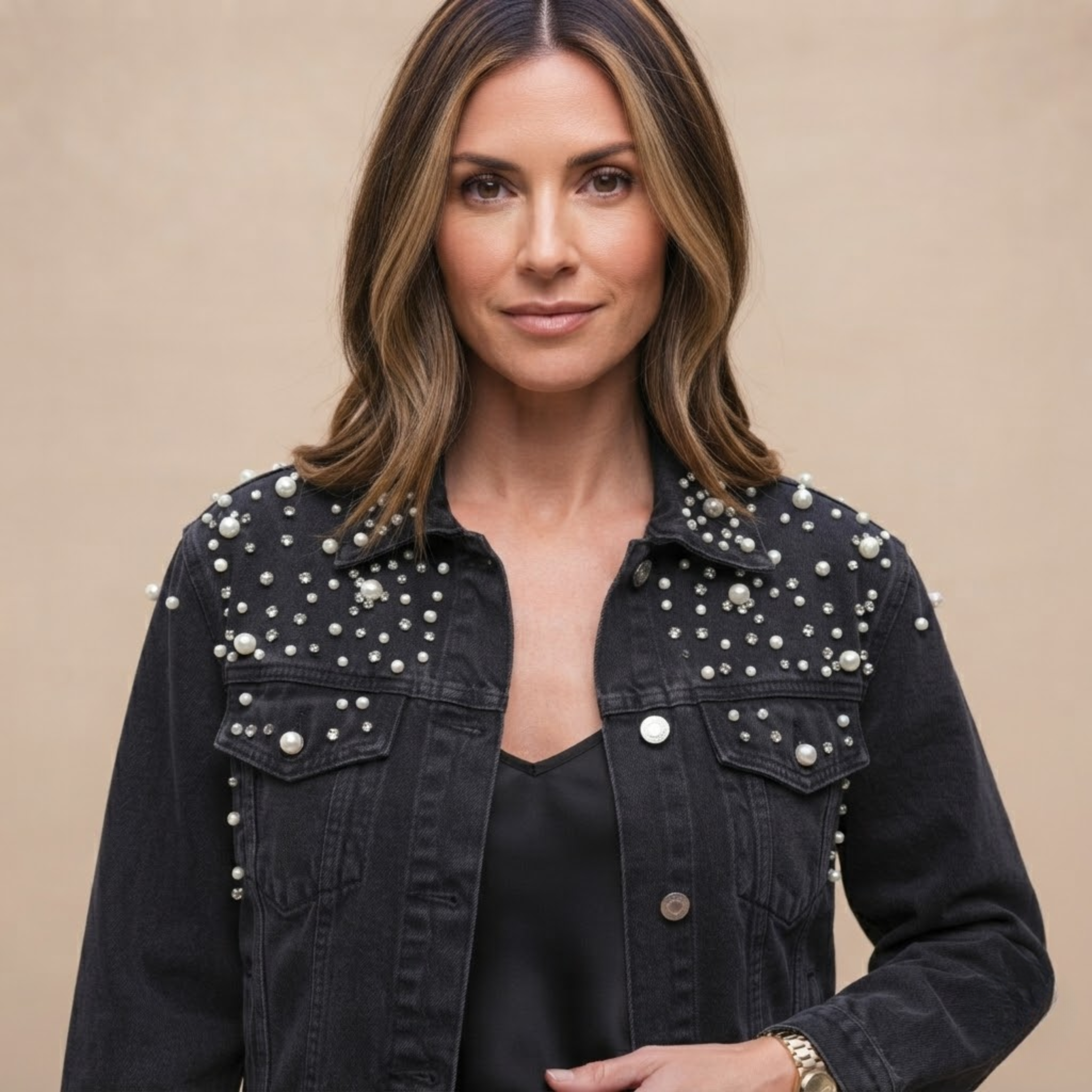 Close-up front view of the Brigitta Jacket Denim Studded Button-Front in Black, showcasing the studded details and button-front design. Designed by Bella Hudson.