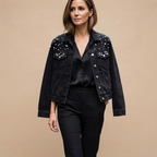 Front view of the Brigitta Jacket Denim Studded Button-Front in Black, featuring studded details, a button-front closure, and long sleeves. Designed by Bella Hudson.