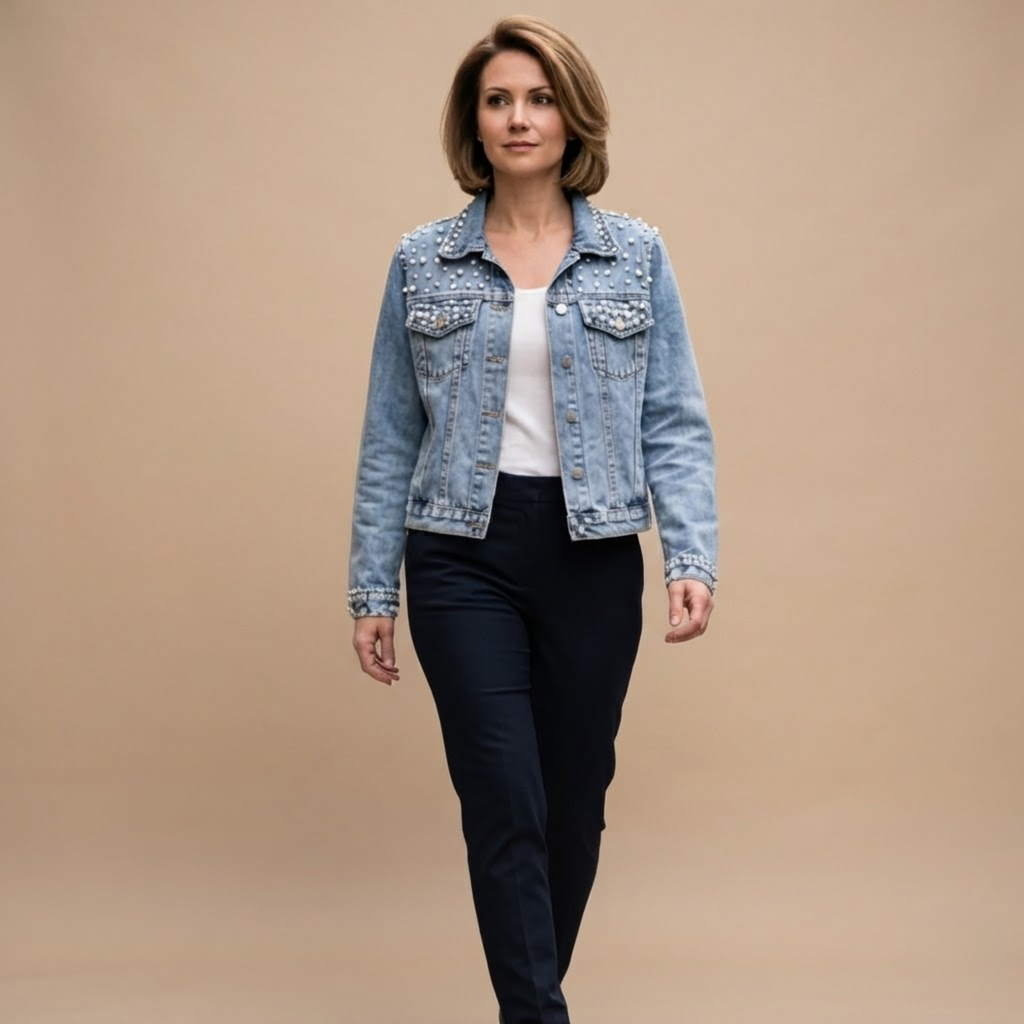 Front view of the Brigitta Jacket Denim Studded Button-Front in Blue, featuring studded detailing, a button-front closure, and long sleeves. Designed by Bella Hudson.