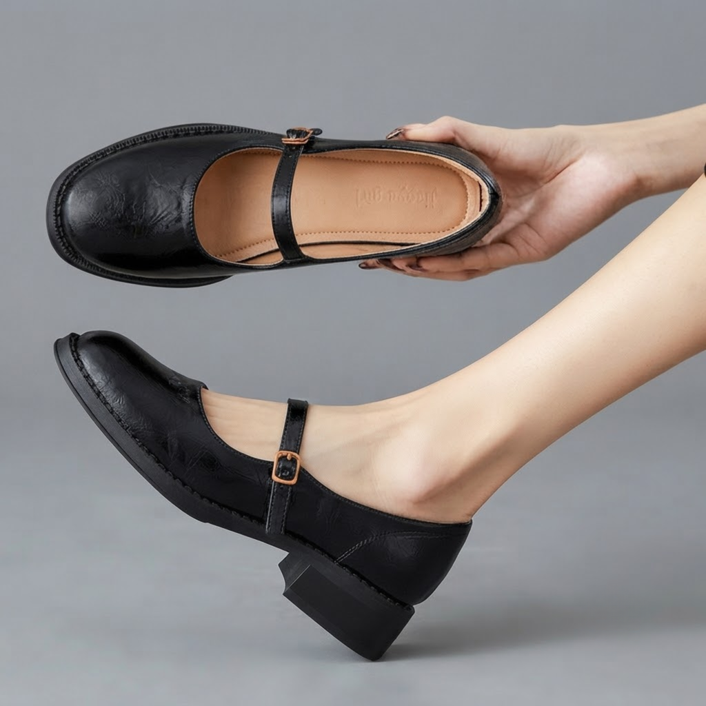 Britt Mary-Jane Flats Block-Heel in Black shown in front view, featuring a classic closed-toe design, adjustable buckle strap, comfortable low block heel, cushioned footbed, and timeless Mary Jane silhouette, designed by Bella Hudson.
