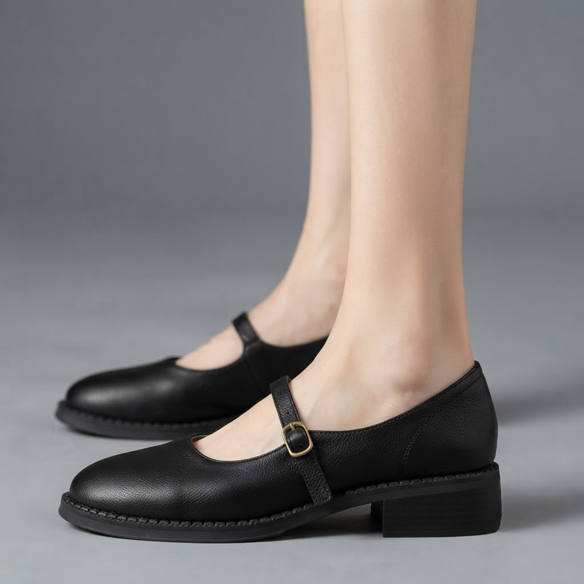 Britt Mary-Jane Flats Block-Heel in Black featuring a classic closed-toe design, adjustable buckle strap, supportive low block heel, cushioned footbed, and elegant silhouette shown in side view, designed by Bella Hudson.