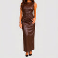 Front view of brown faux leather sleeveless maxi dress with ruched detailing by BELLA HUDSON