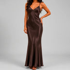 Front view of brown satin maxi dress with spaghetti straps and bodycon silhouette by BELLA HUDSON