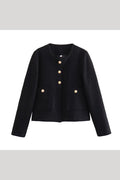 Cadence Black cropped tweed jacket laid flat showing gold buttons and two patch pockets.