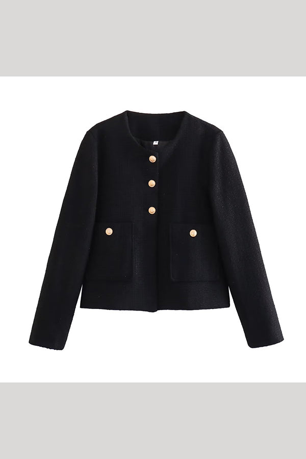 Cadence Black cropped tweed jacket laid flat showing gold buttons and two patch pockets.