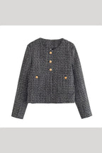 Cadence Grey speckled tweed jacket laid flat with gold buttons and patch pockets.